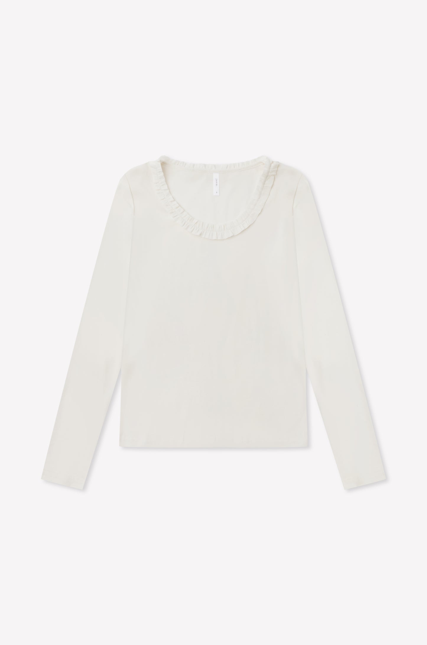 The Claude Long Sleeve by 0 is a fitted, long sleeve top in butter yellow, crafted from organic cotton with a round neckline and subtle lettuce frill trim at the collar, displayed on a plain white background.
