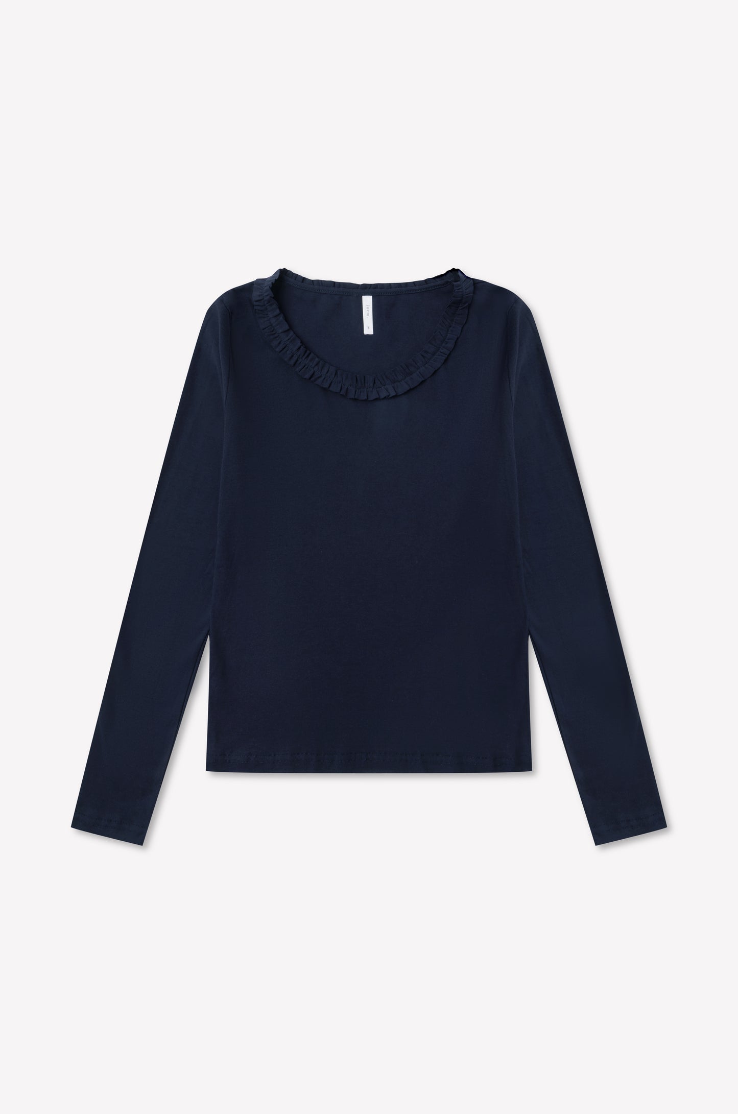 Claude Long Sleeve - Navy by 0, an organic cotton long sleeve shirt in navy blue with a scooped neckline and subtle lettuce frill trim, displayed flat on a white background.