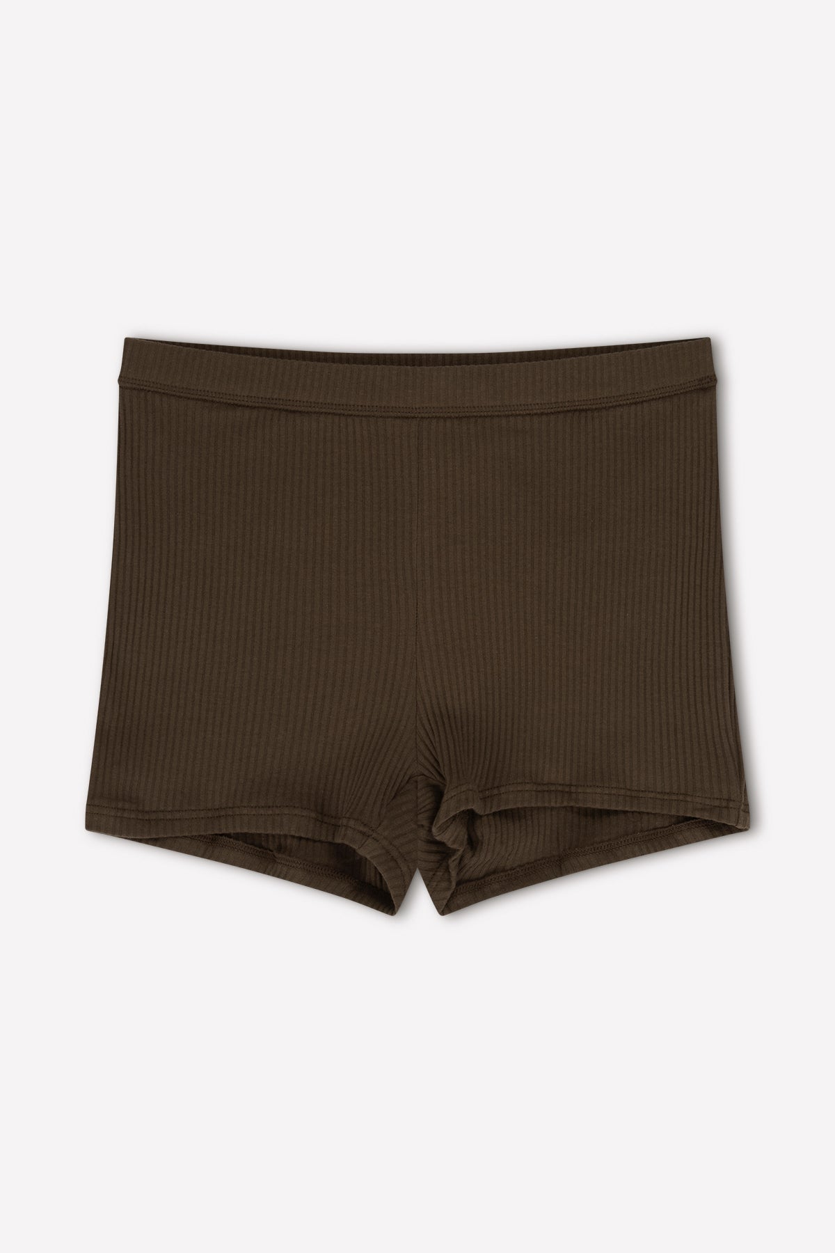The Maggie Short - Chocolate by 0 is a brown ribbed knit mid-rise short with a fitted waistband and seamless, logo-free design, shown laid flat on a white background.