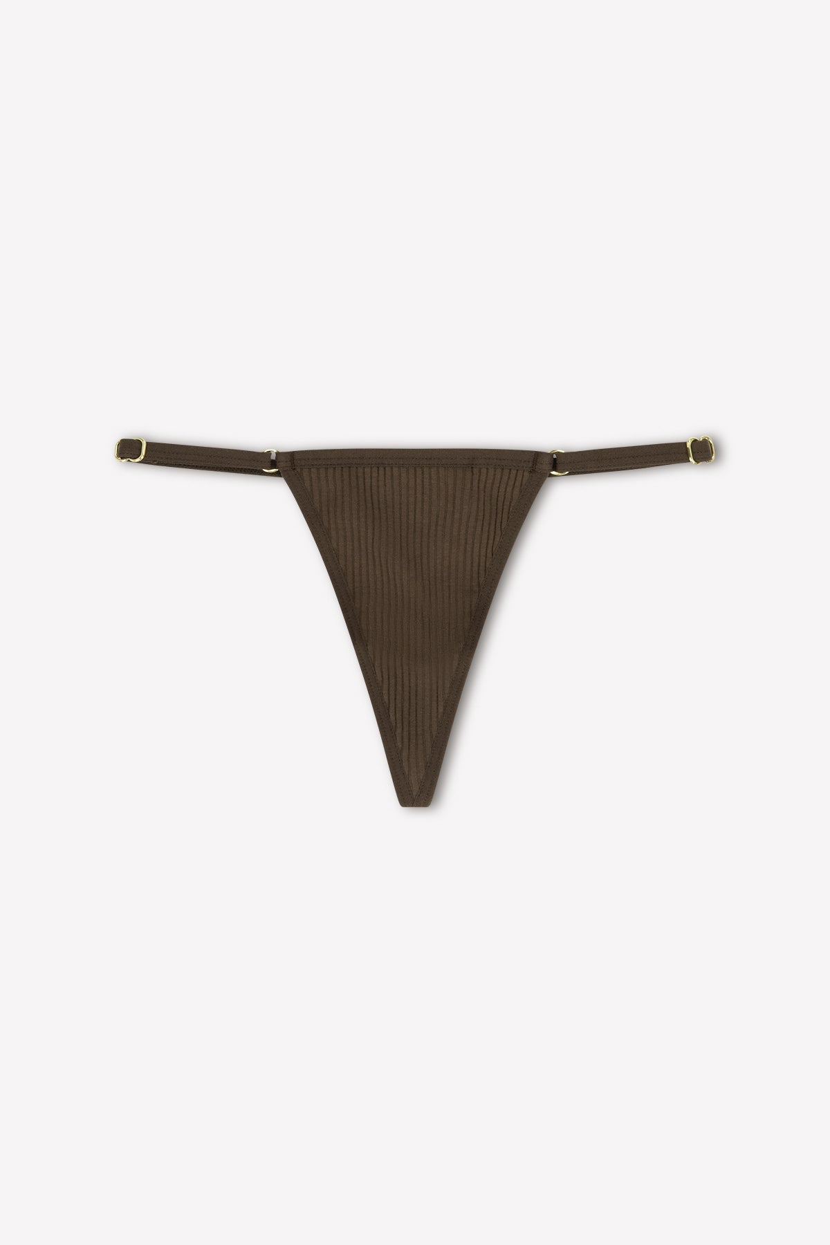 The Harri G String - Chocolate by 0 features a brown ribbed design with adjustable sides and gold-tone buckles, crafted from stretch cotton and shown on a plain white background.