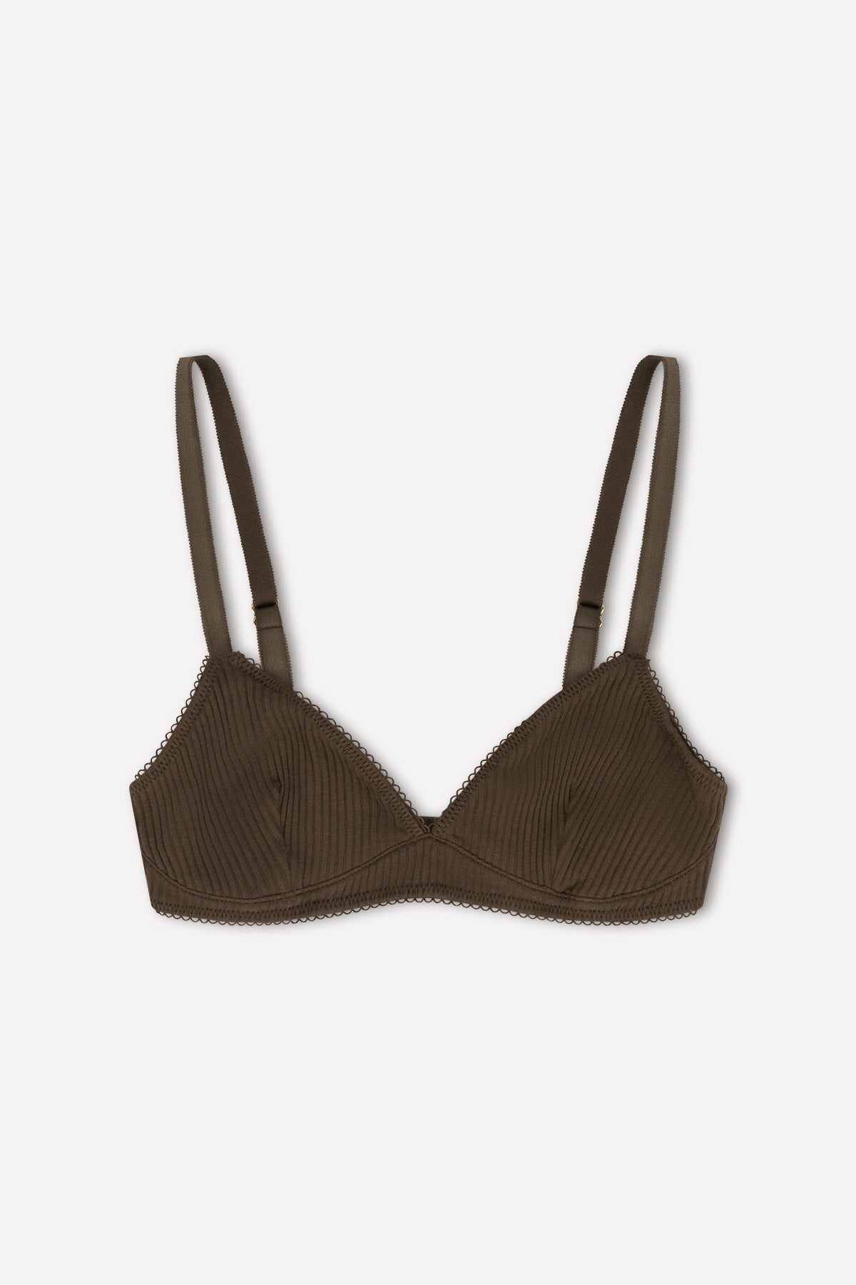 The Sophia Soft Tri - Chocolate by 0 is a brown ribbed triangle bra with adjustable straps and delicate lace trim along the top, shown on a plain white background.