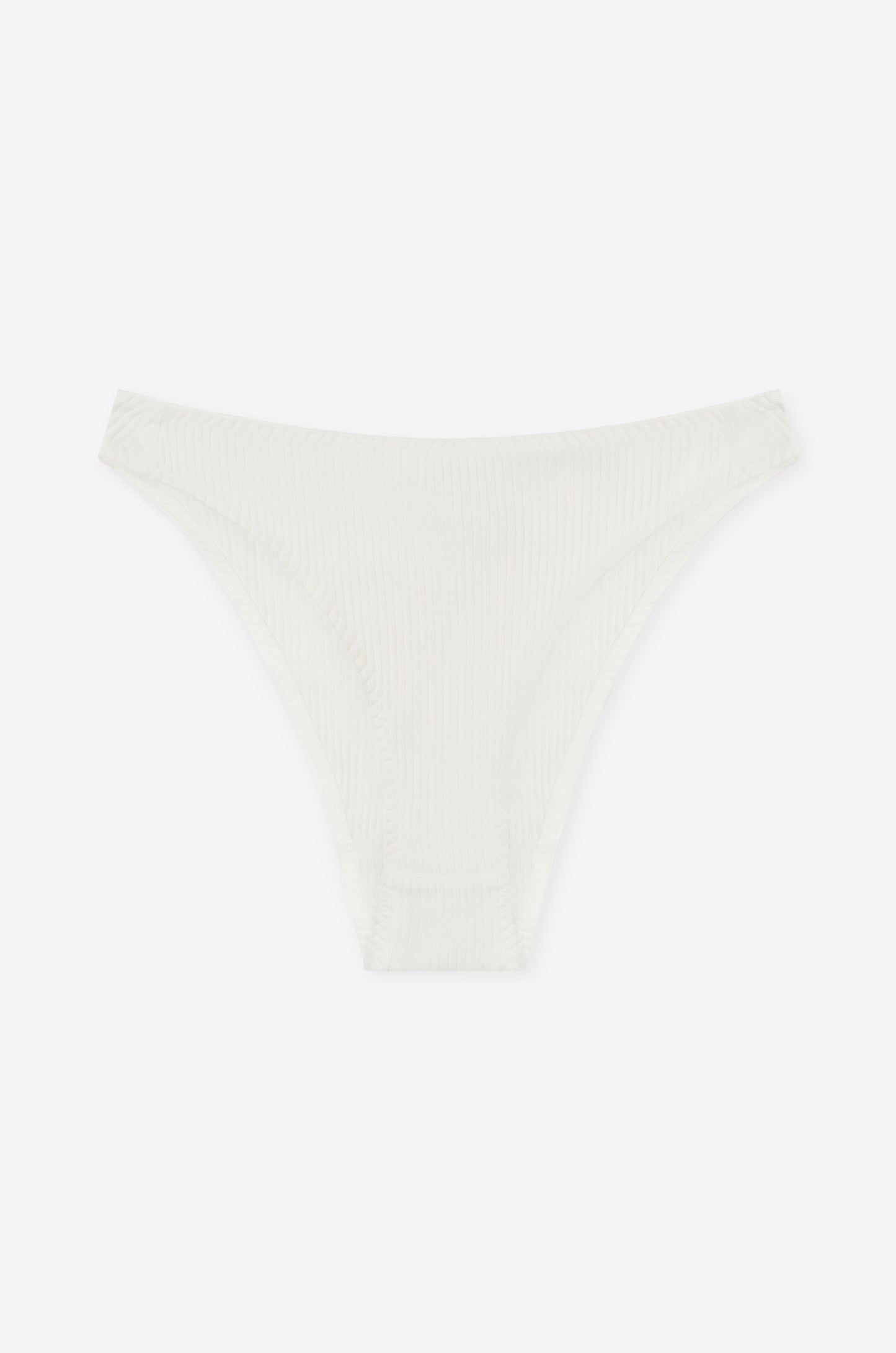 The Lera Brief - Pumice by 0 features a high-cut leg, cheeky coverage, and ribbed white fabric, shown on a plain white background.