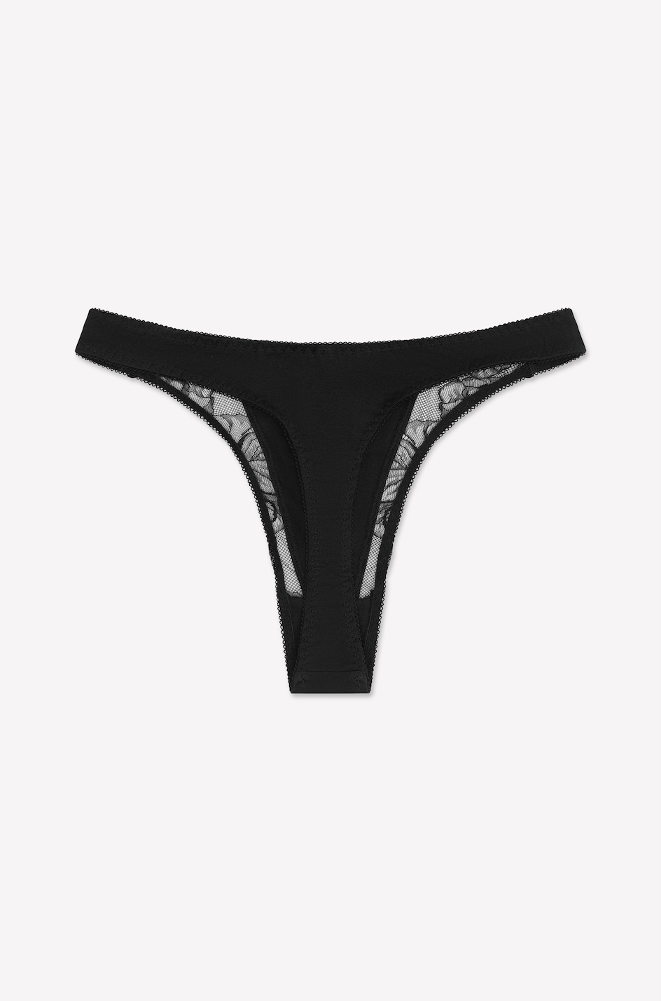 The juem Esme g string in black features high-cut sides, sheer OEKO-TEX certified lace panels, and a solid front and back, shown flat on a white background.