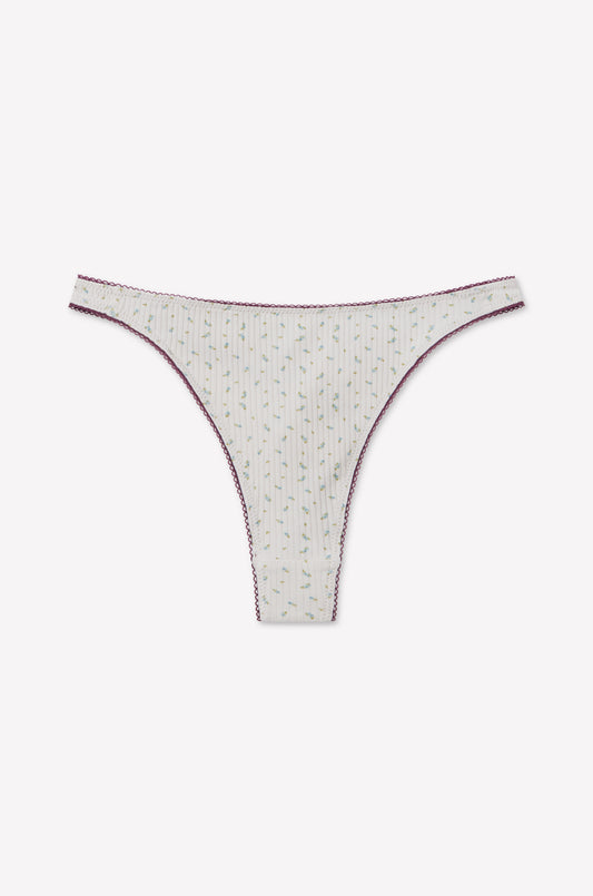 The Bonnie G String - Blue Floral by 0 features a high-cut design with a subtle vertical striped pattern, delicate blue floral prints, and maroon stitching along the scalloped edge, displayed on a plain white background.
