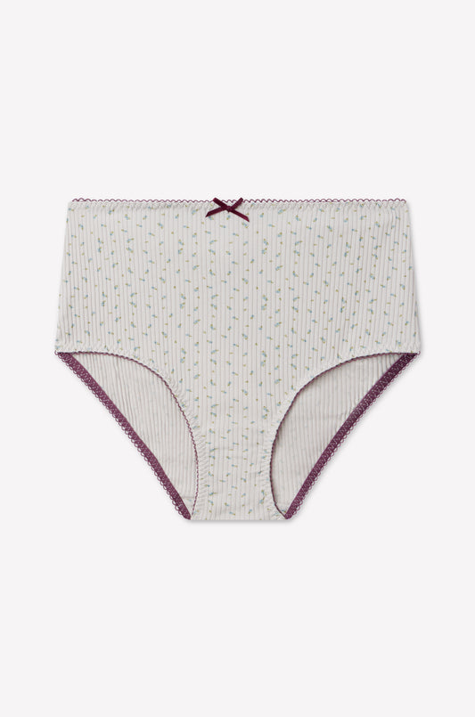 Introducing the Lou Brief - Blue Floral by 0, a high-waisted women's underwear crafted from soft cotton. This high rise brief features a charming blue floral pattern on a white background, completed with a dark purple bow at the front center and matching purple lace trim along the waistband and leg openings. Delicate scalloped edge detailing adds an elegant touch to this comfortable and stylish design.