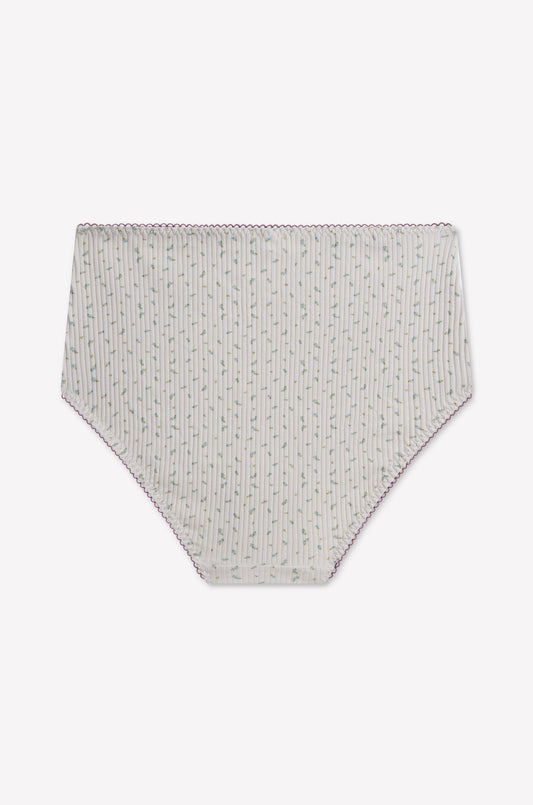 Lou Brief - Blue Floral women's high rise brief underwear featuring a blue floral pattern and subtle pink stitching along the waistband and leg openings, crafted from soft cotton with a delicate scalloped edge, displayed flat against a white background. Brand: 0.