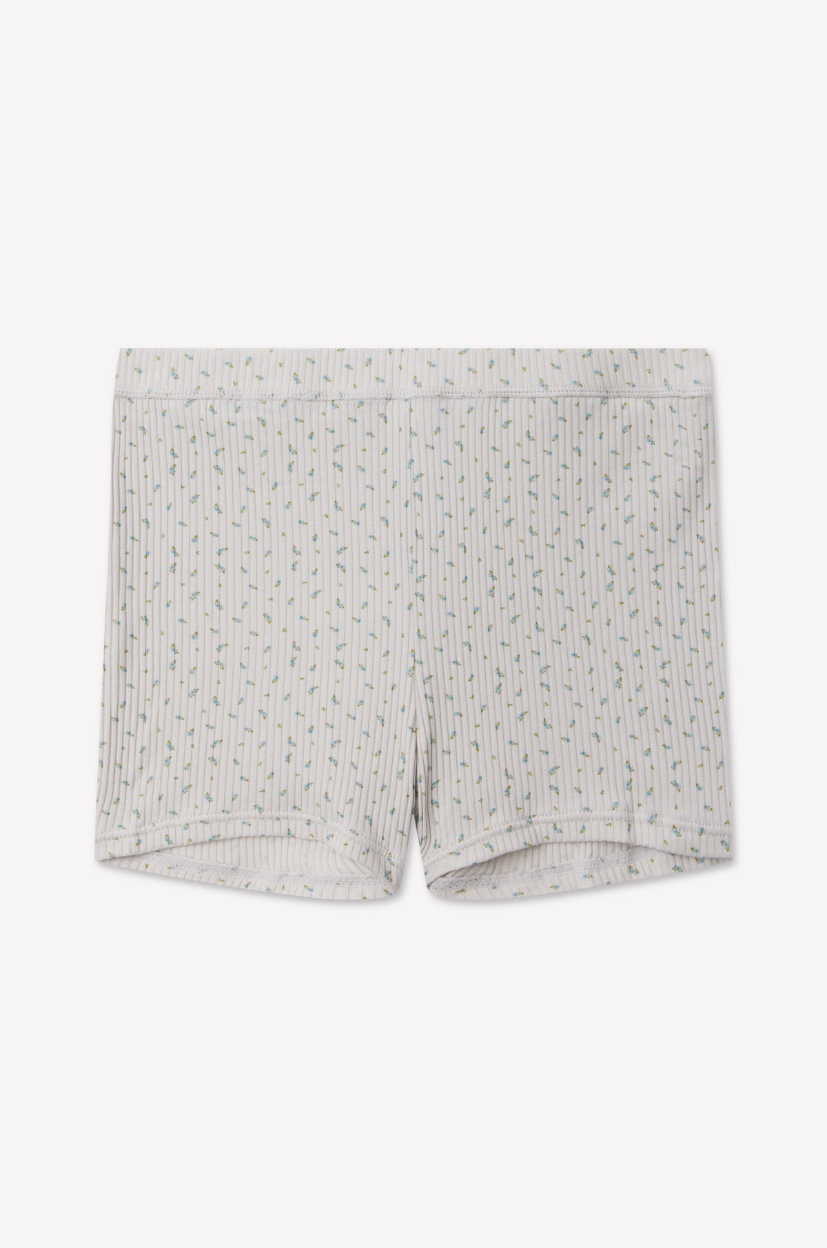Maggie Short - Blue Floral by 0, featuring a white fitted, mid-rise silhouette with a delicate vertical blue floral pattern, crafted from soft organic cotton and laid flat on a white background.