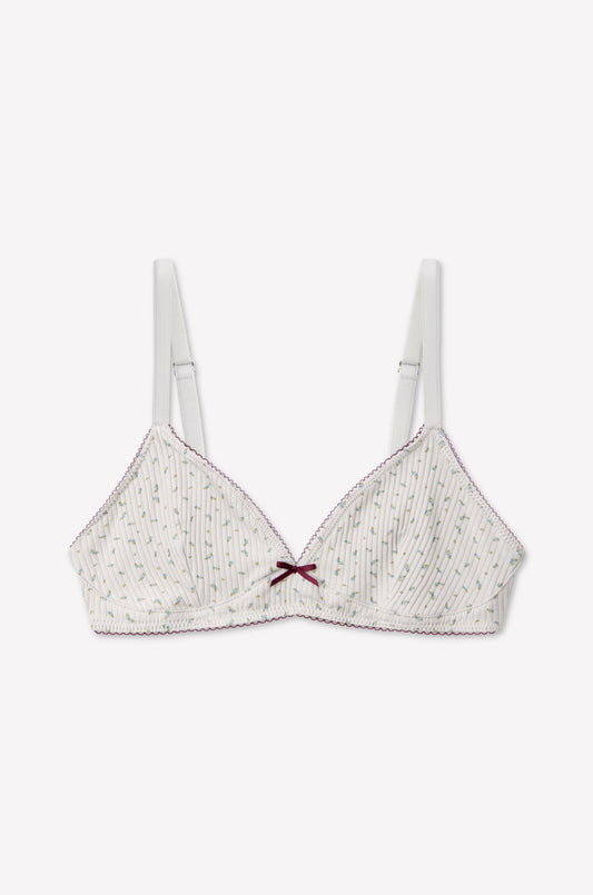 The sophia Soft tri – Blue Floral by 0 features thin vertical green and purple stripes on a white base, adjustable straps, and a small burgundy bow at the center. Light pink stitching along the edges adds a delicate touch to this medium coverage triangle bra.