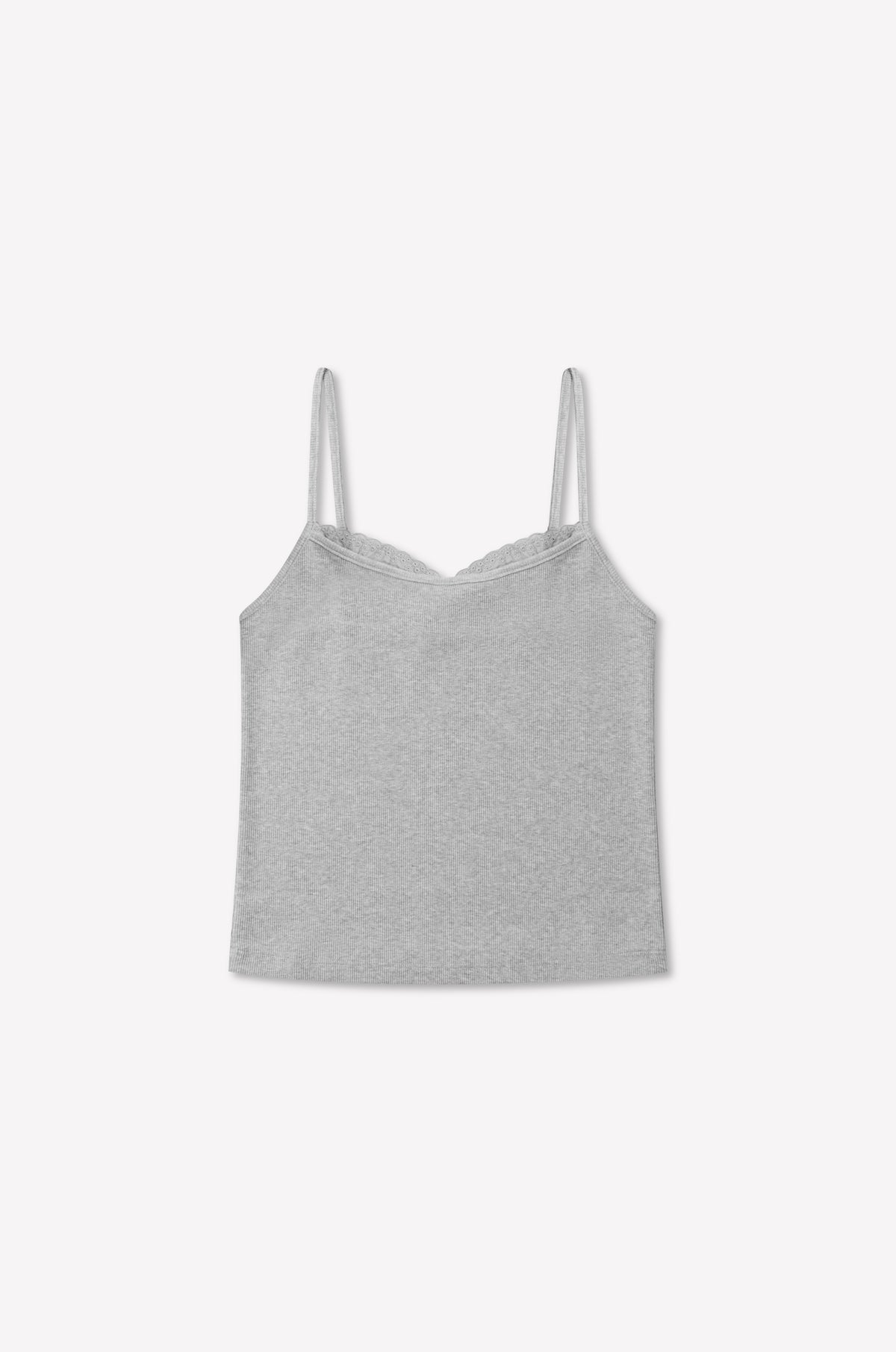 Joan Tank - Grey by 0, featuring thin spaghetti straps and a subtle V-neckline, crafted from soft ribbed jersey for a fitted silhouette, laid flat on a plain white background.