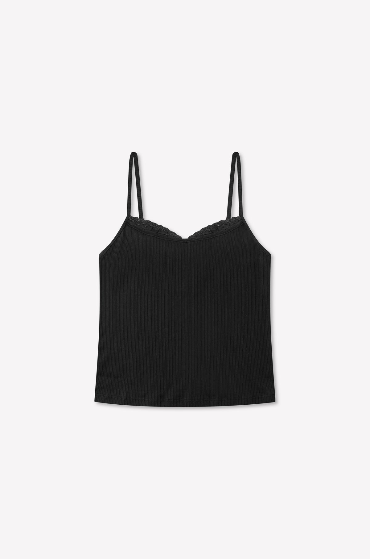Joan Tank - Black by 0 is a black ribbed pointelle camisole with thin adjustable straps, a scalloped neckline, and a fitted silhouette, displayed on a plain white background.
