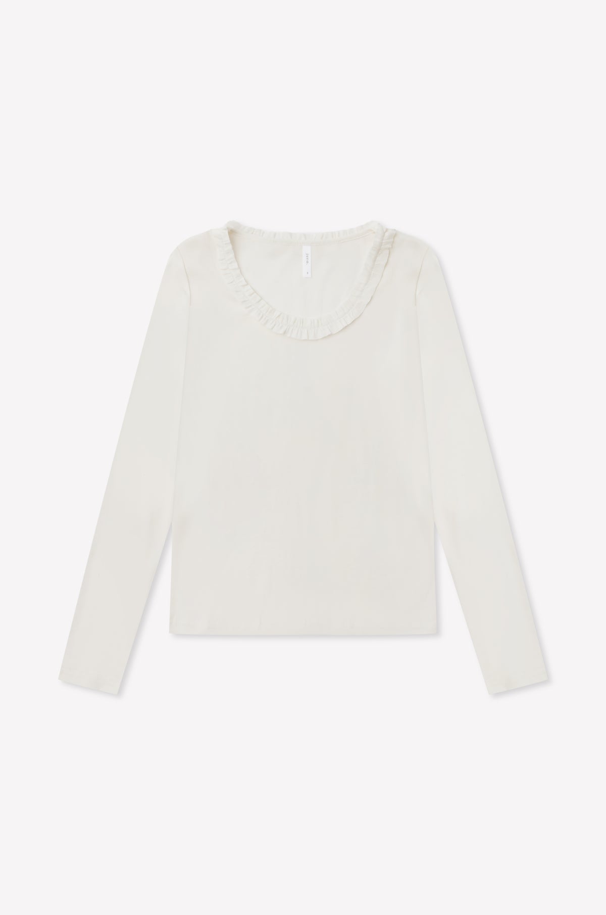 The Claude Long Sleeve by 0 is a fitted, long sleeve top in butter yellow, crafted from organic cotton with a round neckline and subtle lettuce frill trim at the collar, displayed on a plain white background.