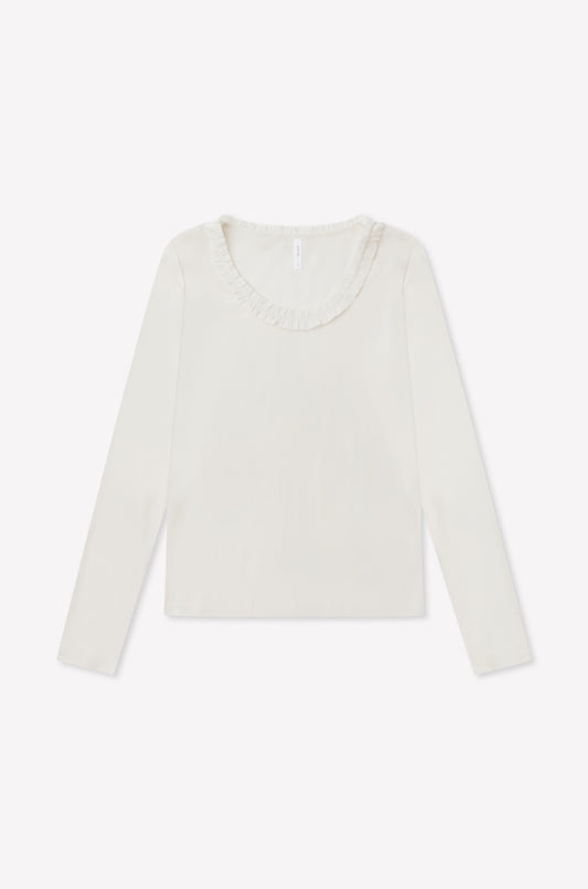 The Claude Long Sleeve by 0 is a fitted, long sleeve top in butter yellow, crafted from organic cotton with a round neckline and subtle lettuce frill trim at the collar, displayed on a plain white background.