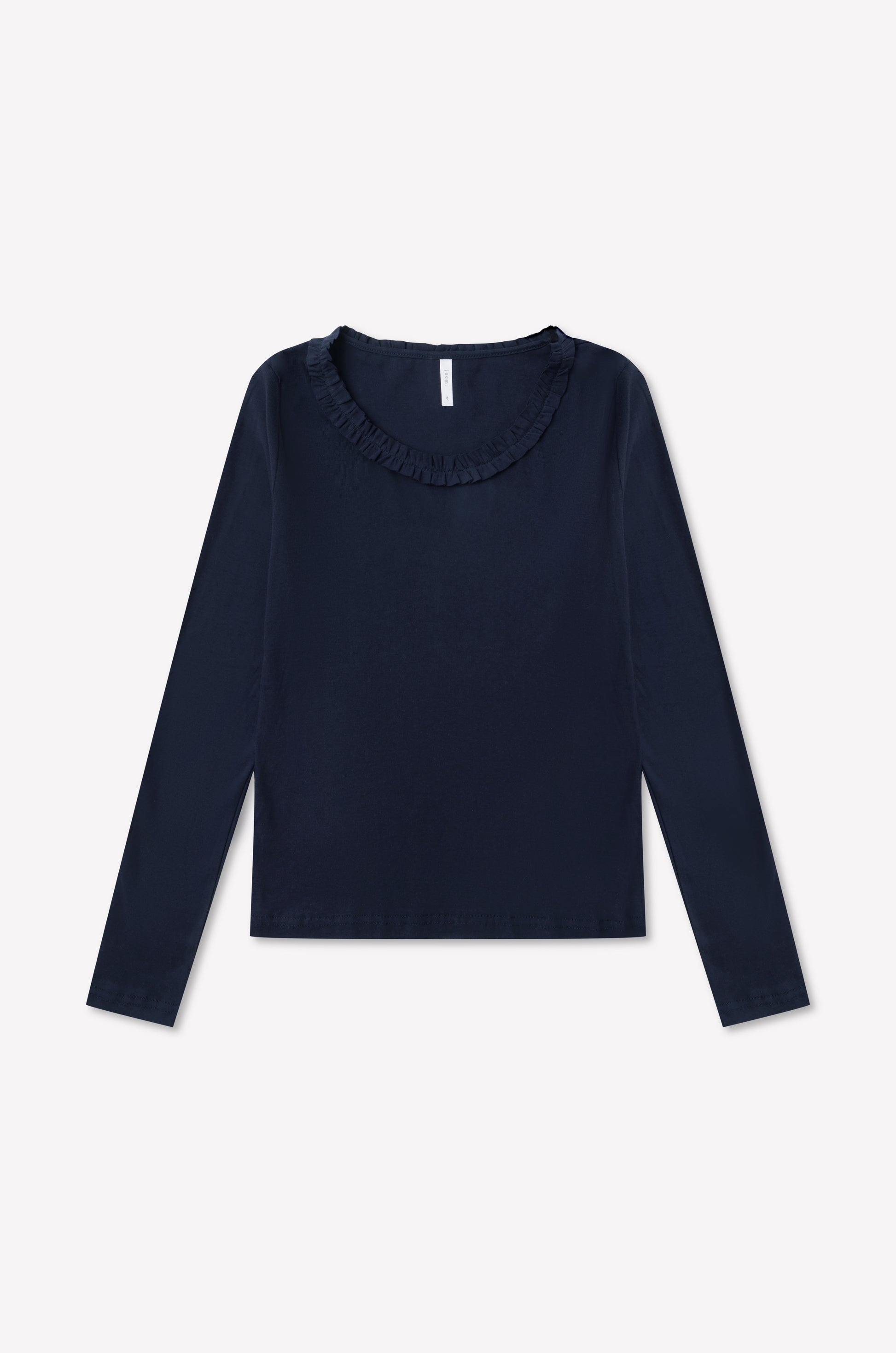 Claude Long Sleeve - Navy by 0, an organic cotton long sleeve shirt in navy blue with a scooped neckline and subtle lettuce frill trim, displayed flat on a white background.
