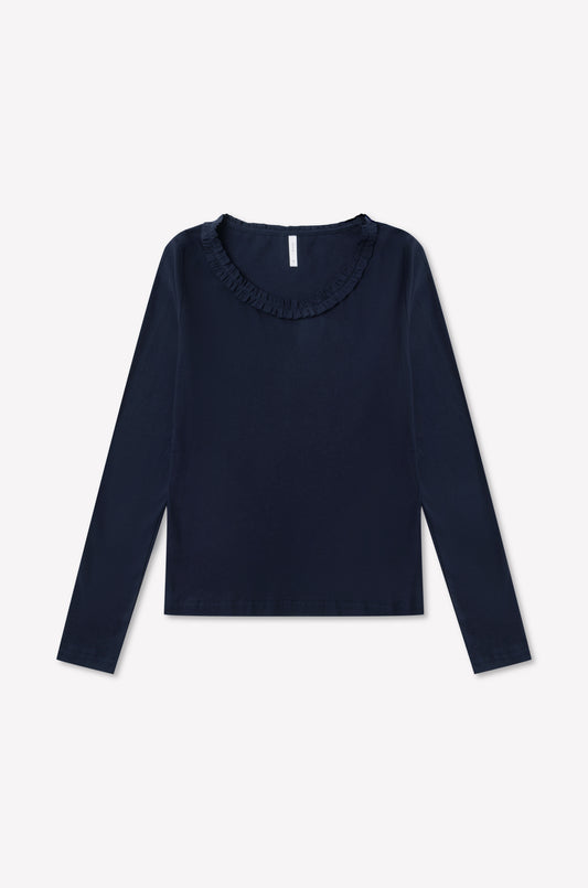 Claude Long Sleeve - Navy by 0, an organic cotton long sleeve shirt in navy blue with a scooped neckline and subtle lettuce frill trim, displayed flat on a white background.