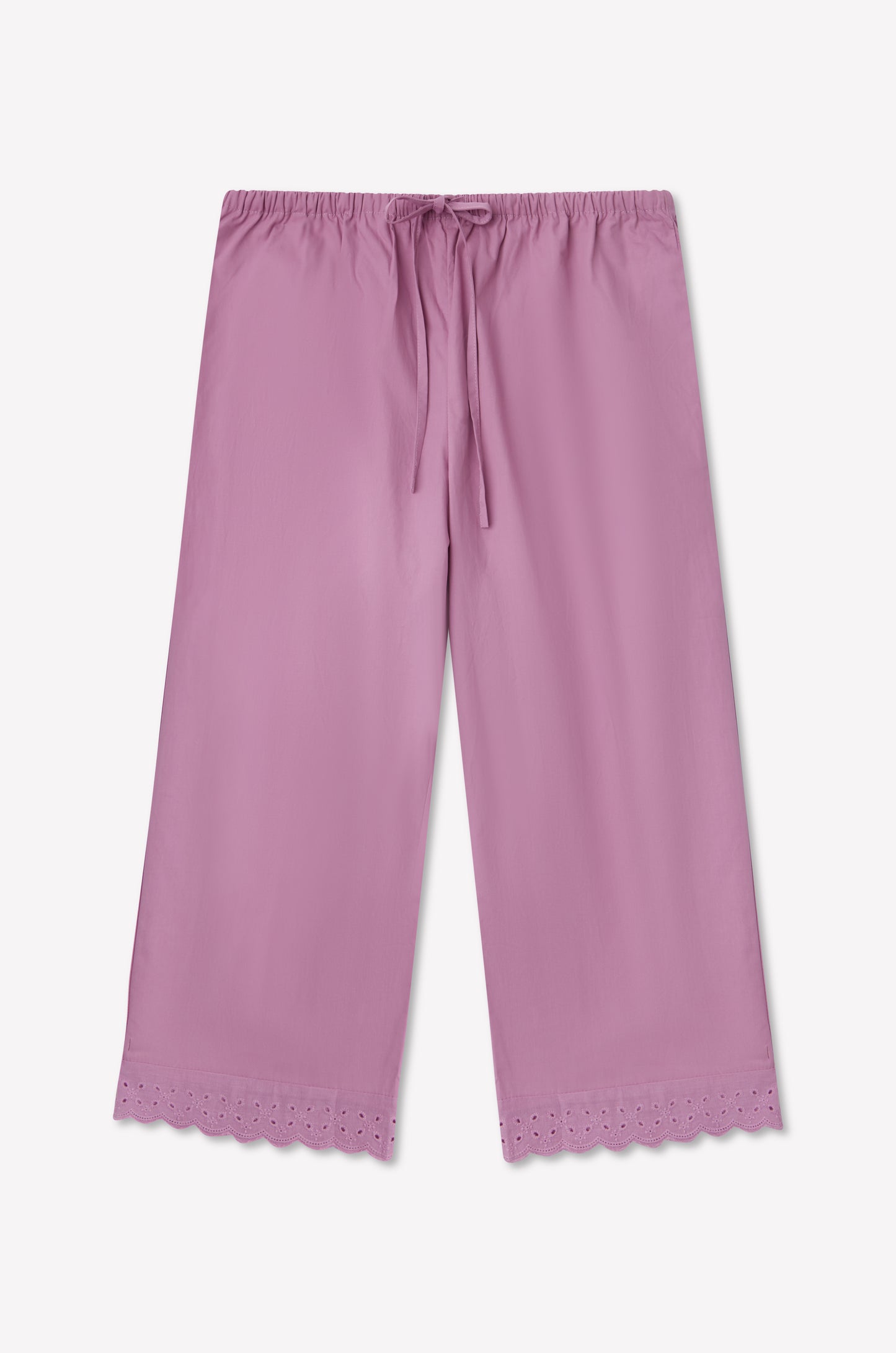 Ellery Capri in Mauve by Brand 0, featuring a relaxed fit, elastic waistband with drawstring tie, and broderie anglaise scalloped hem detailing on the legs, displayed against a white background.