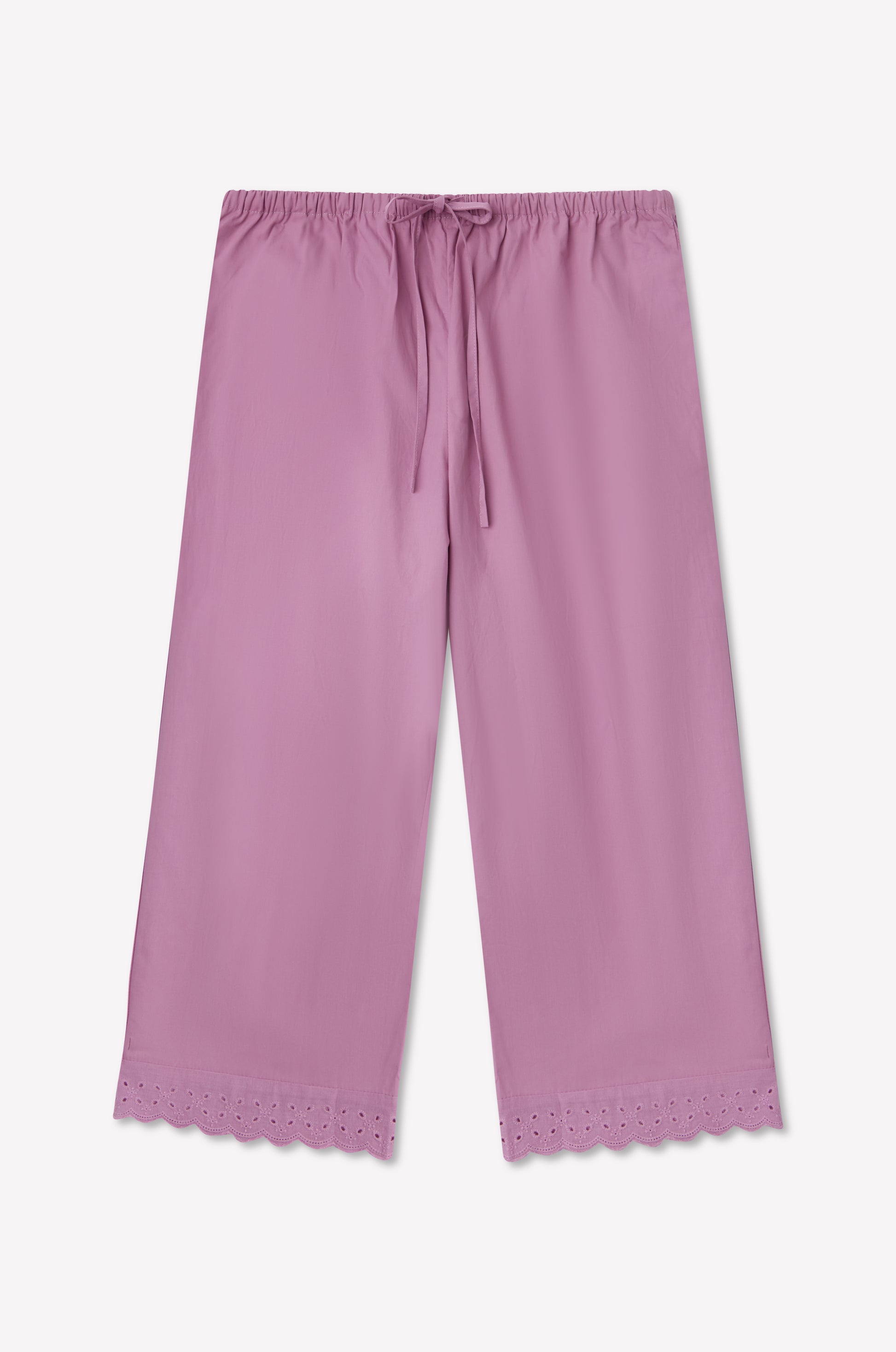 Ellery Capri in Mauve by Brand 0, featuring a relaxed fit, elastic waistband with drawstring tie, and broderie anglaise scalloped hem detailing on the legs, displayed against a white background.
