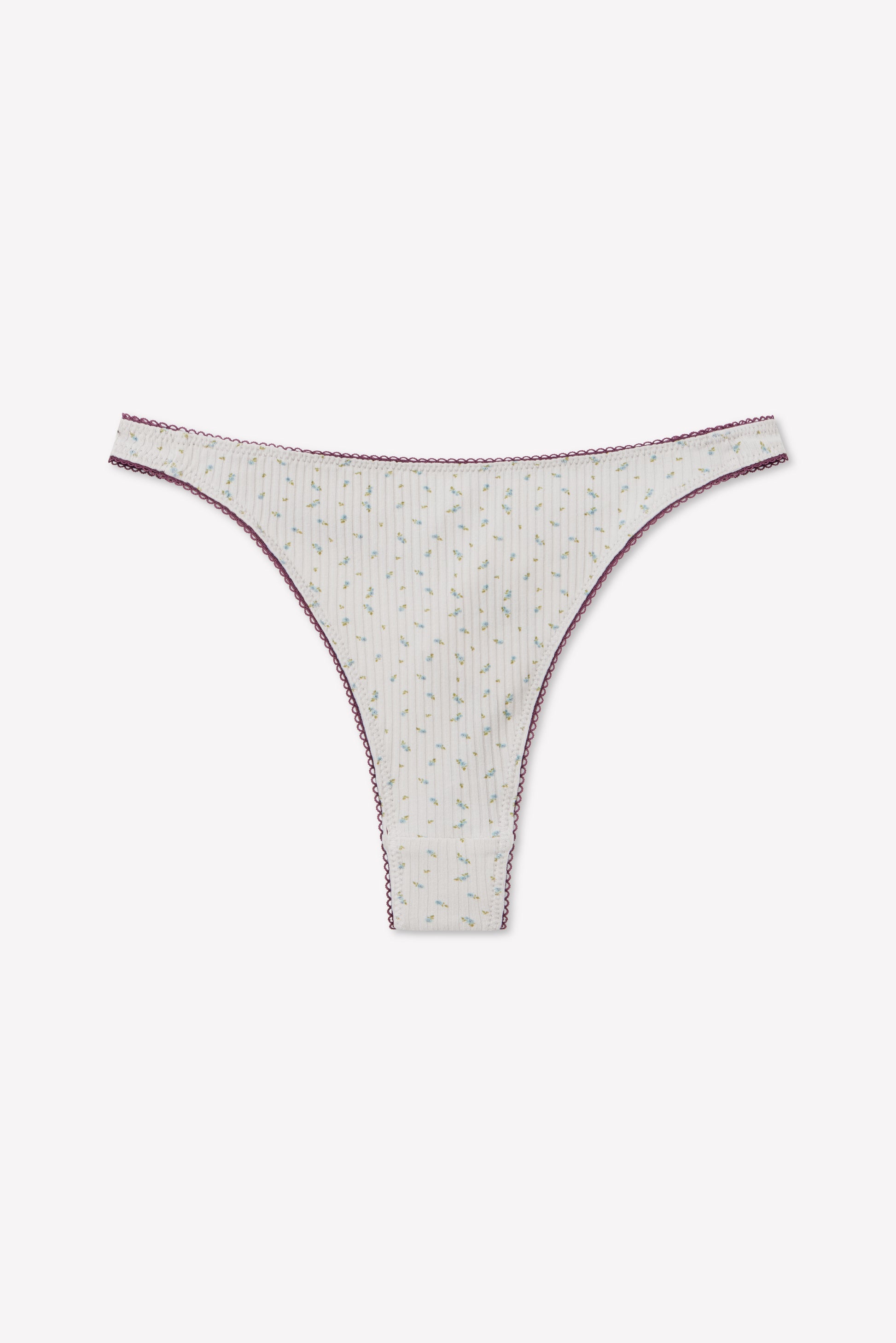 Bonnie G String - Blue Floral by 0, featuring a delicate blue floral pattern and designed with a high-cut silhouette for an elongating effect, showcased against a plain white background.