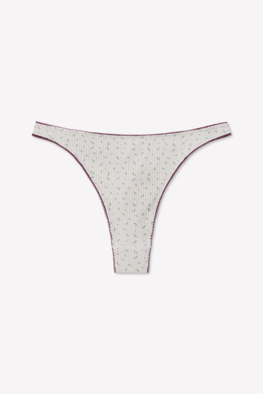 Bonnie G String - Blue Floral by 0, featuring a delicate blue floral pattern and designed with a high-cut silhouette for an elongating effect, showcased against a plain white background.