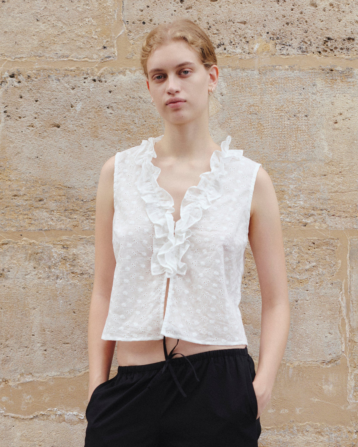 Pearl Frill Top - White