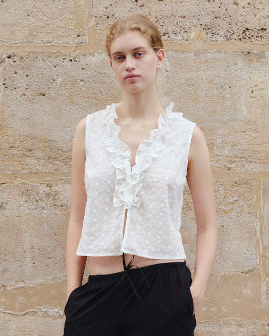 Pearl Frill Top - White