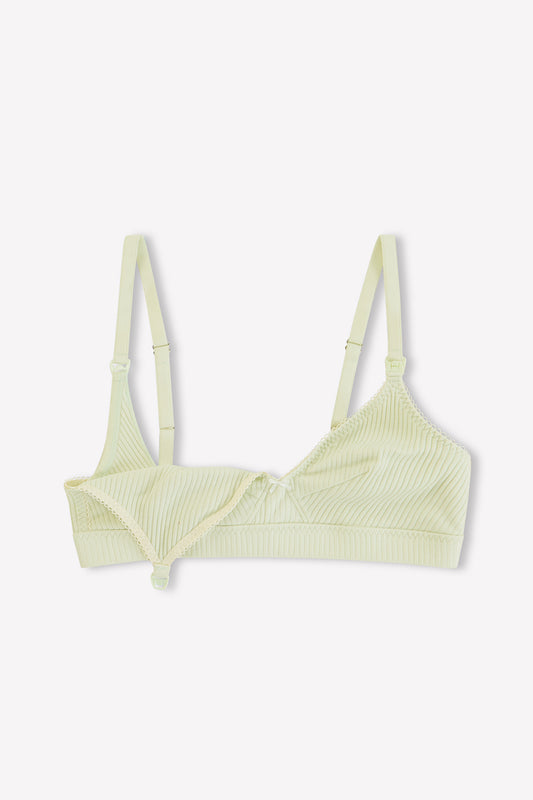 The Paloma Maternity Bra - Mint features adjustable straps and nursing clips for easy access, made from organic cotton. Displayed on a white background. Brand: 0.
