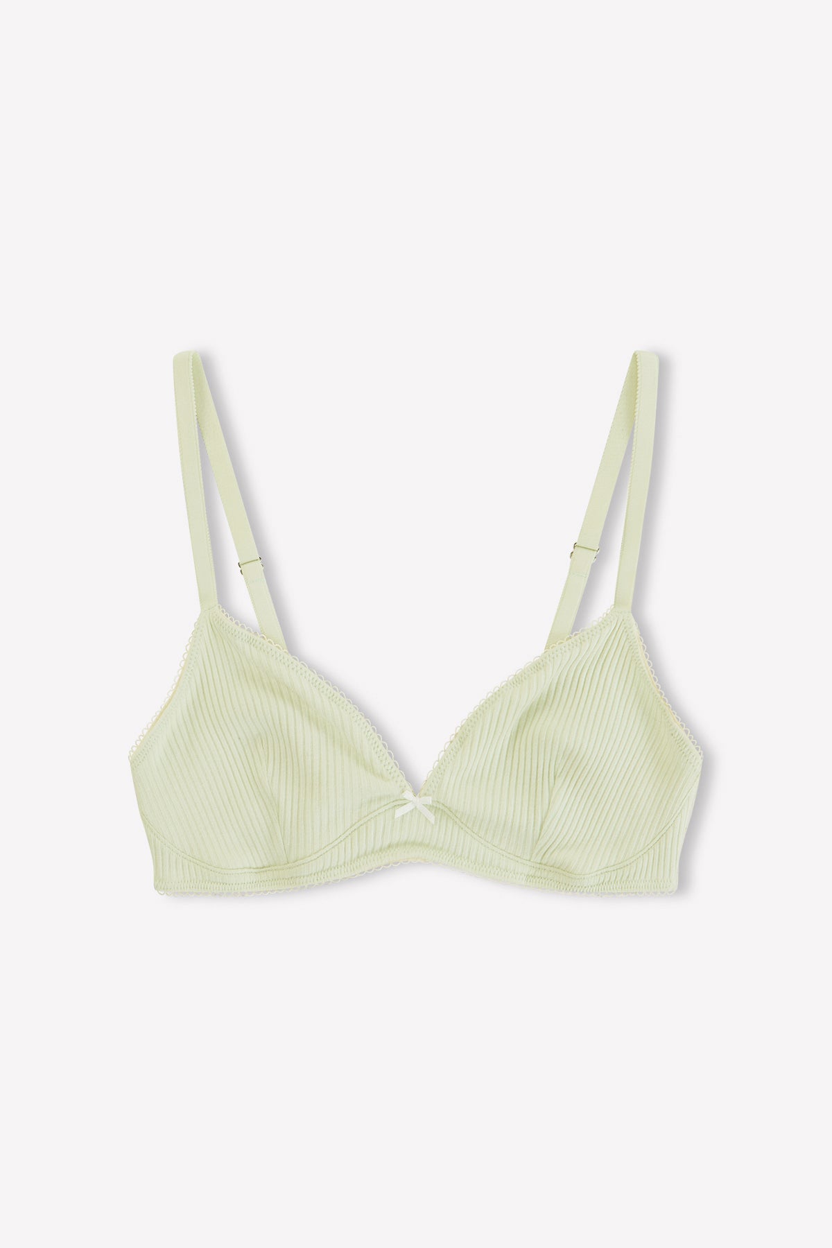 The Sophia Soft Tri - Mint by 0 is a light yellow, ribbed organic cotton bralette with soft cups, adjustable straps, lace trim edges, and medium coverage, shown on a white background.