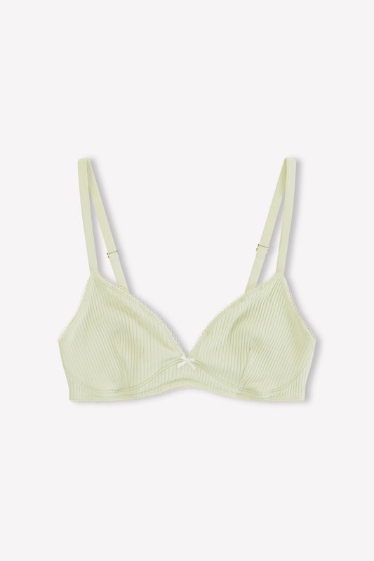 The Sophia Soft Tri - Mint by 0 is a light yellow, ribbed organic cotton bralette with soft cups, adjustable straps, lace trim edges, and medium coverage, shown on a white background.