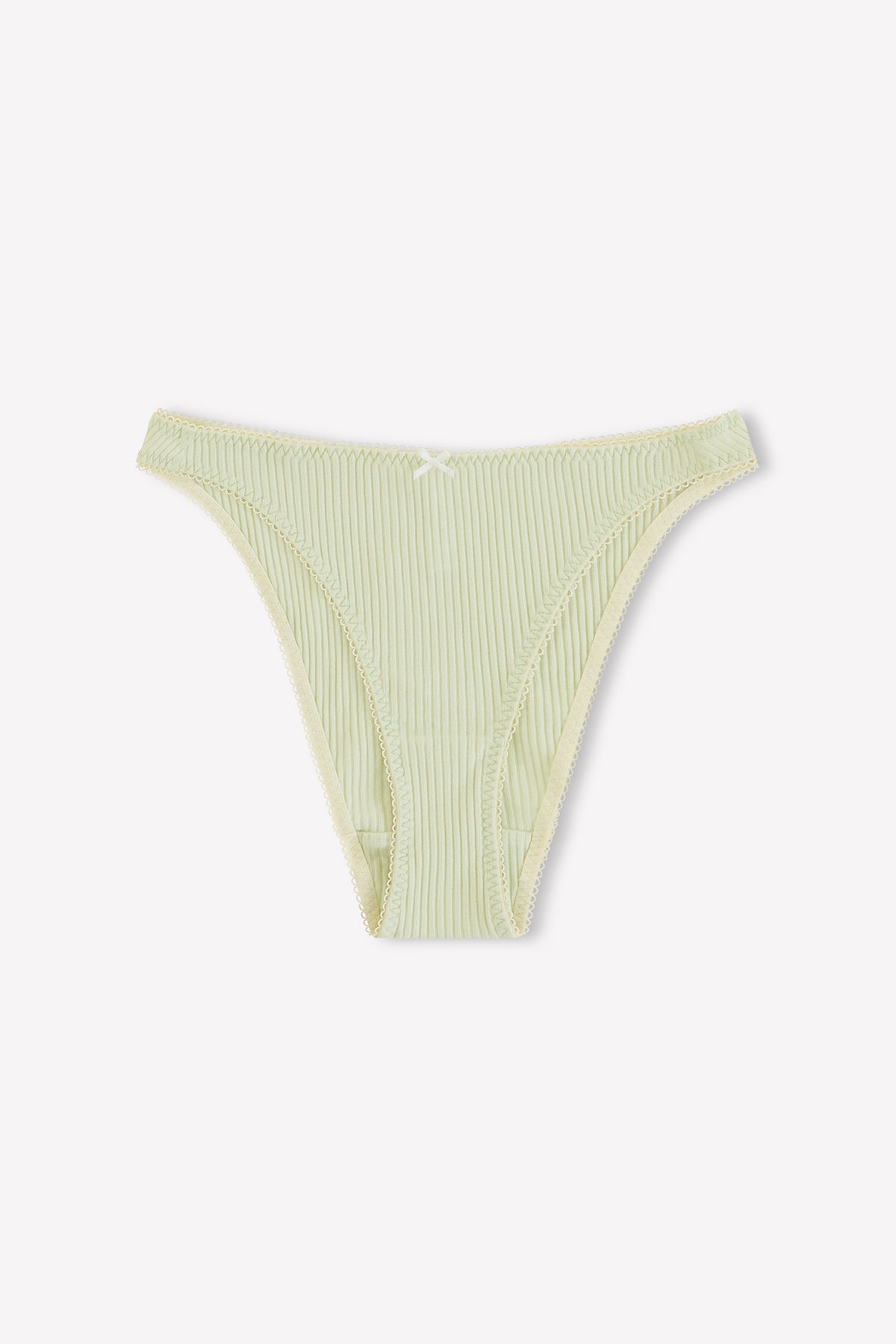 The Lera Brief - Mint by 0 features soft cotton comfort, mint ribbed fabric, a small center bow, and a cheeky bikini silhouette, shown on a plain white background.