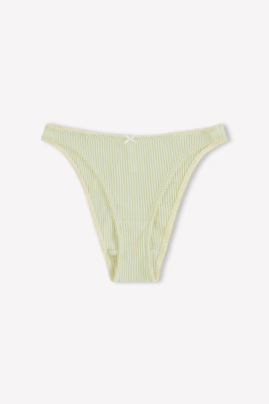 The Lera Brief - Mint by 0 features soft cotton comfort, mint ribbed fabric, a small center bow, and a cheeky bikini silhouette, shown on a plain white background.