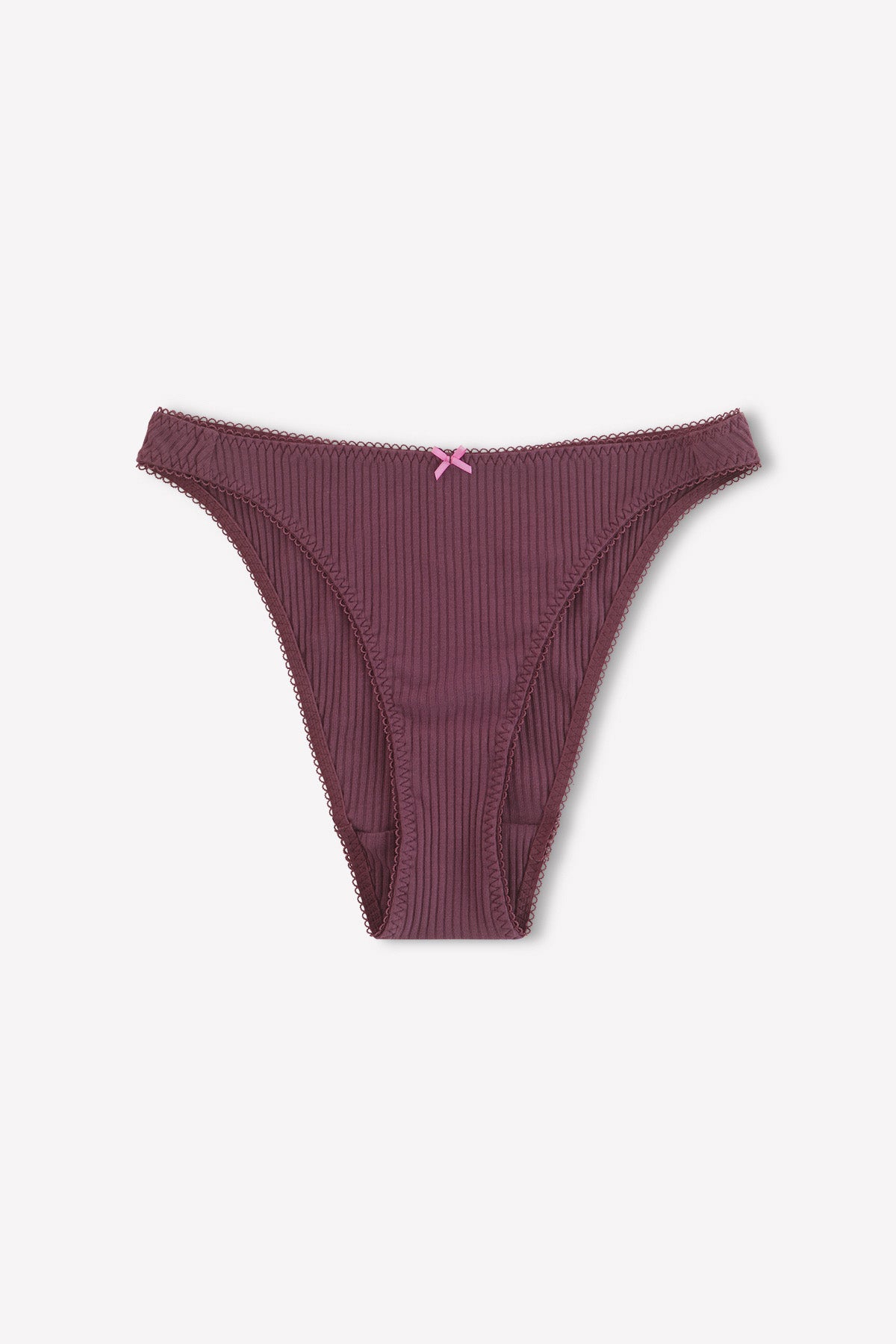 The Lera Brief - Plum by 0 is a pair of ribbed, dark mauve cotton briefs with cheeky coverage and a pink bow at the waistband, shown flat on a light background.