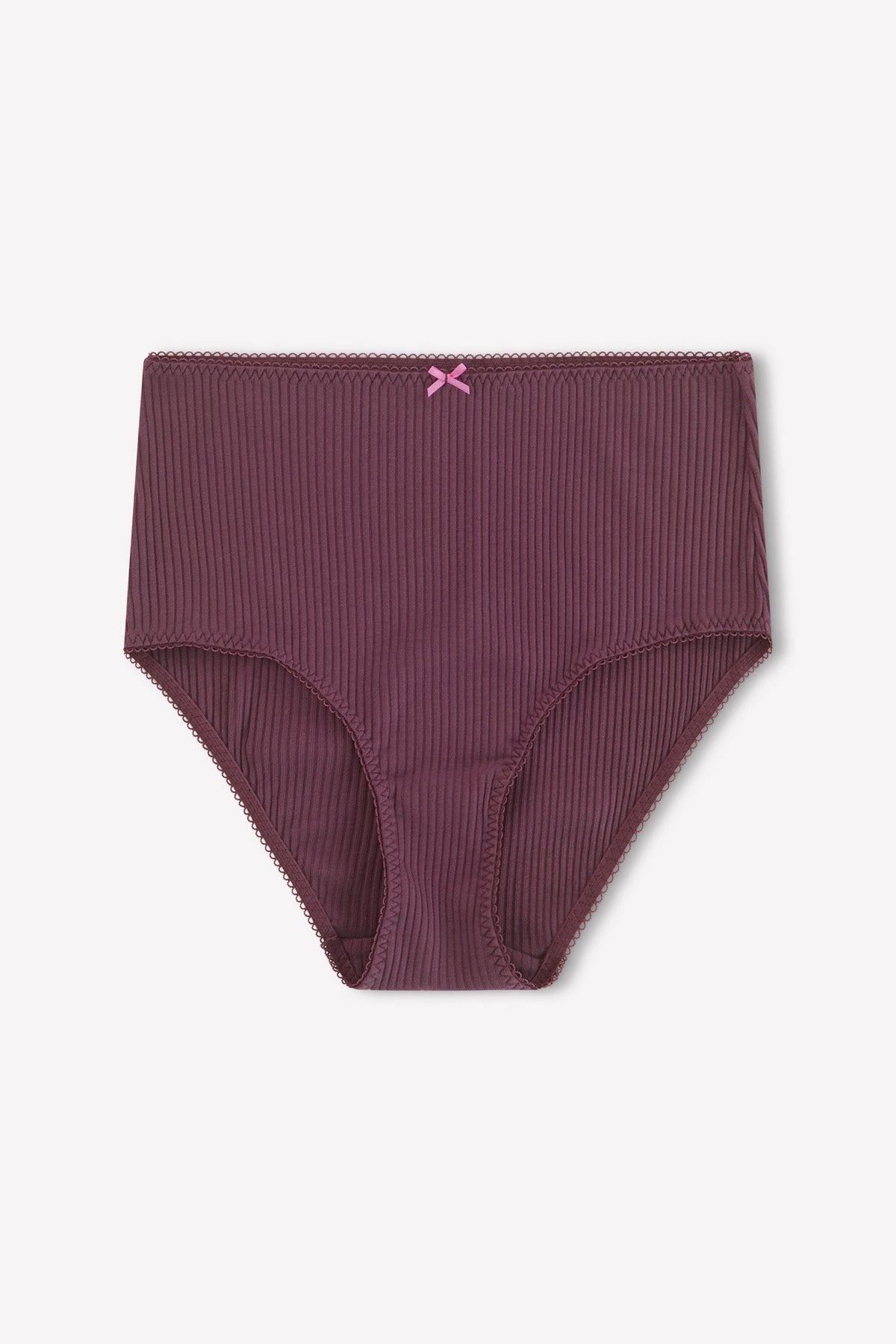 The Lou Brief - Plum by 0 is a high-waisted, ribbed dark purple cotton brief with a pink bow and scalloped waistband, shown on a plain white background.