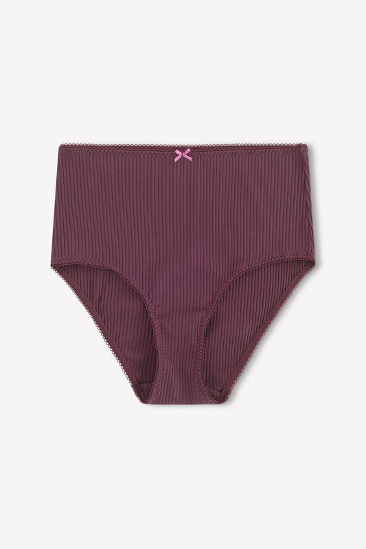 The Lou Brief - Plum by 0 is a high-waisted, ribbed dark purple cotton brief with a pink bow and scalloped waistband, shown on a plain white background.