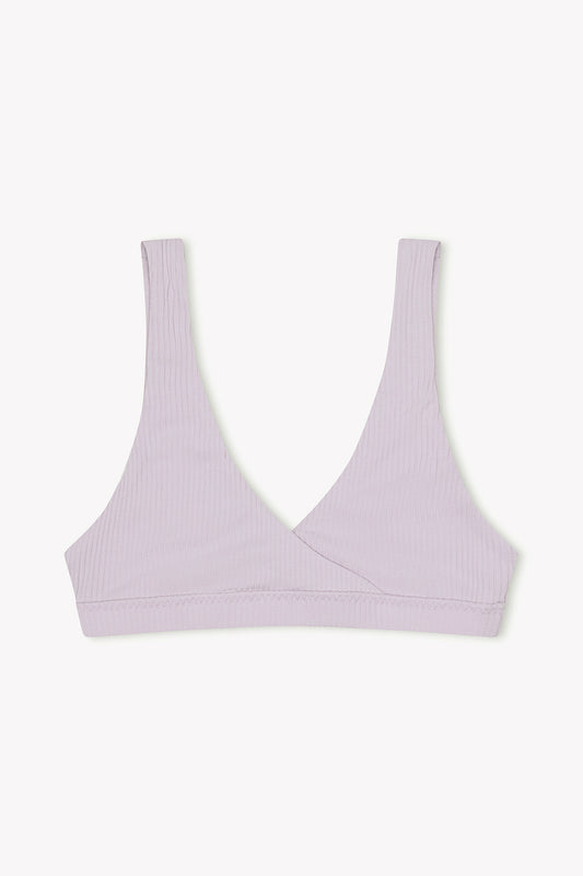 Lavender ribbed bralette on a white background