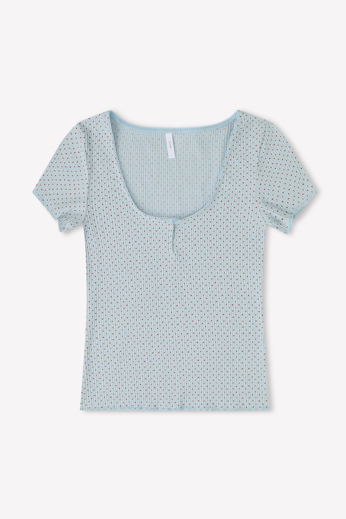 The Effie Tee - Polka by 0 is a light blue, short-sleeve, scoop-neck ribbed top with small vertical black and white dotted stripes, shown laid flat on a white background.