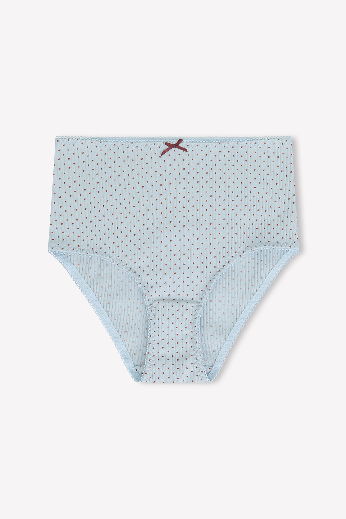 The Lou Brief - Polka by 0 features soft light blue cotton, small red and black polka dots, a dark red bow at the waistband, scalloped edging, and matching light blue trim.