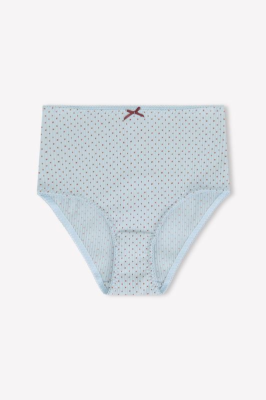 The Lou Brief - Polka by 0 features soft light blue cotton, small red and black polka dots, a dark red bow at the waistband, scalloped edging, and matching light blue trim.