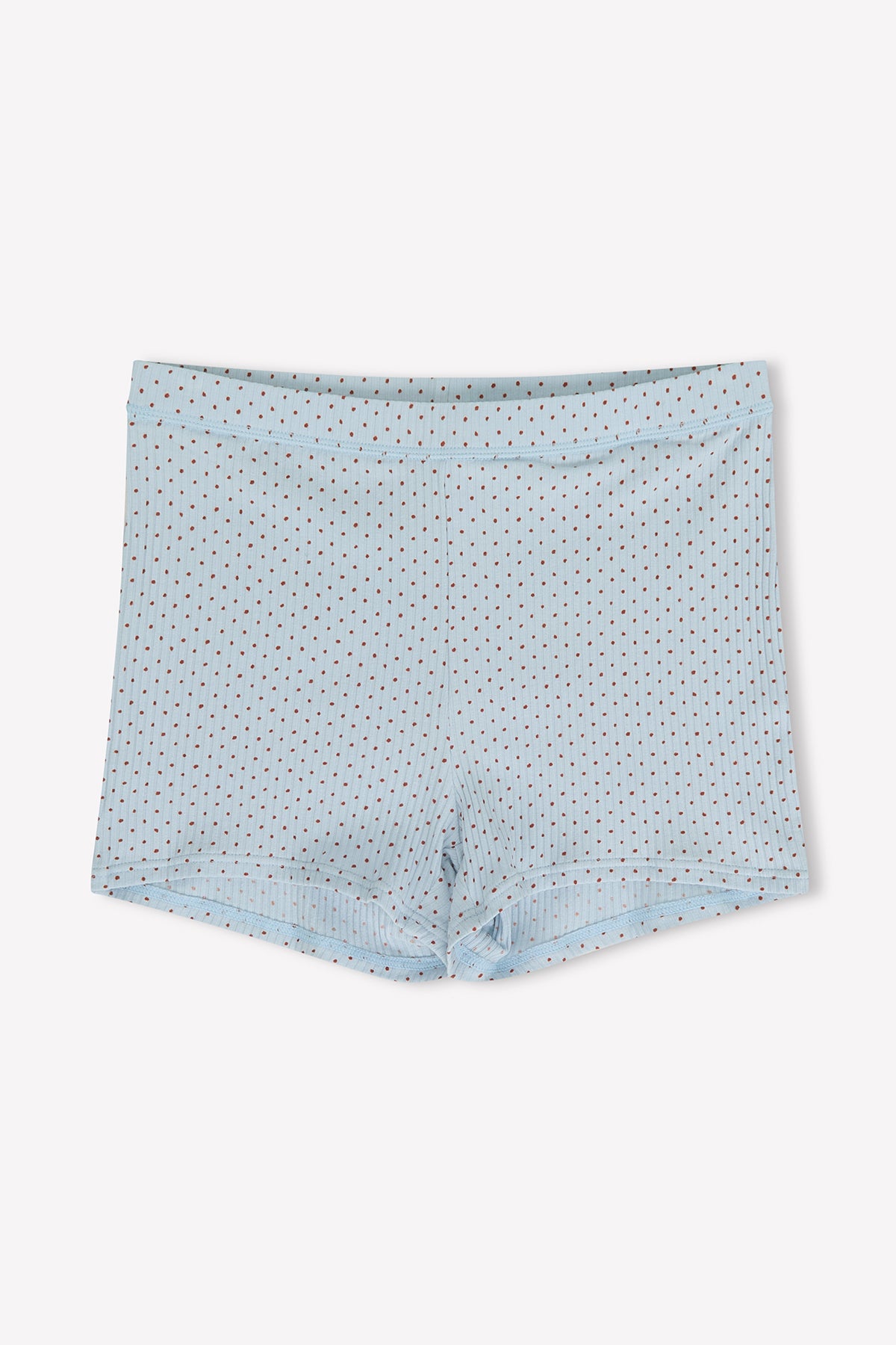The Maggie Short - Polka by 0 features light blue, mid-rise fitted shorts with a small black polka dot pattern in soft organic cotton, displayed flat on a white background.