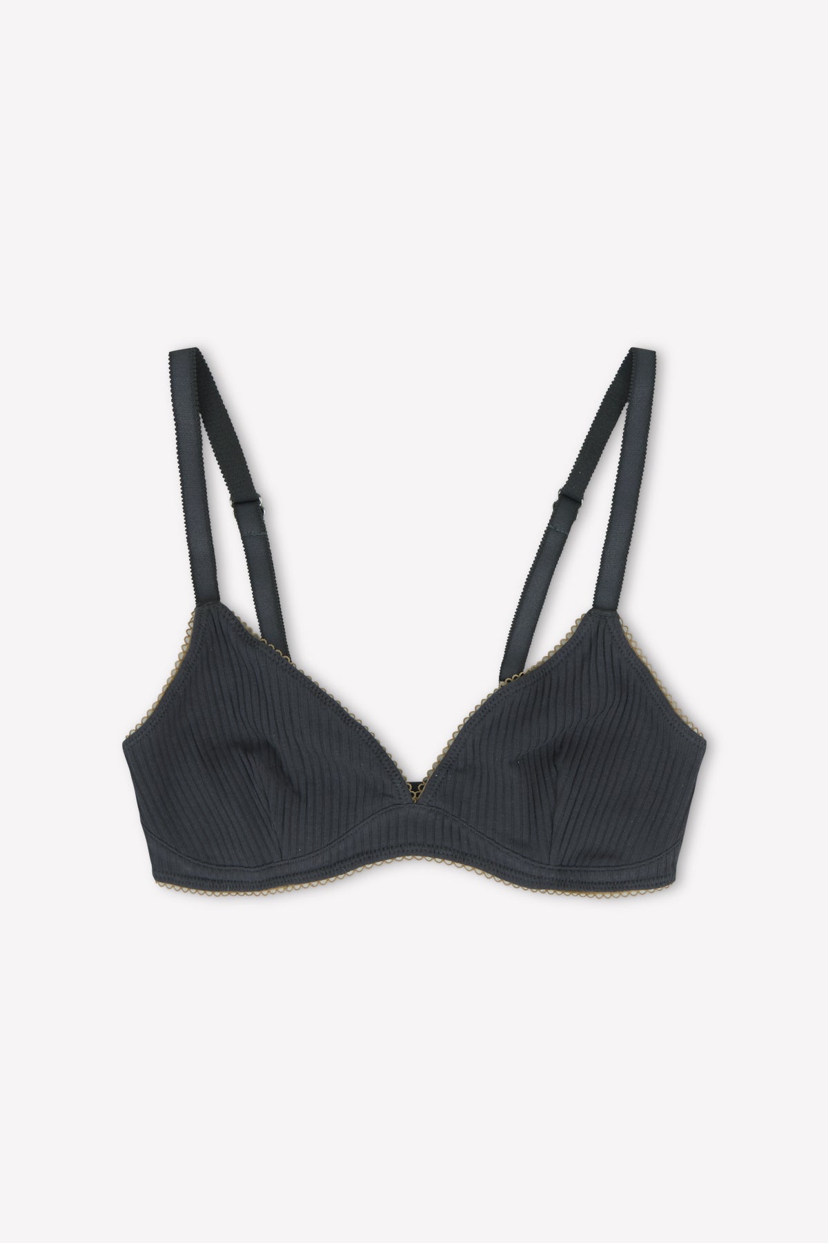 The Sophia Soft Tri - Moon by 0 is a dark gray, ribbed soft cup bra with thin adjustable straps and gold lace trim. This unpadded, medium coverage bra is displayed laid flat on a white background.