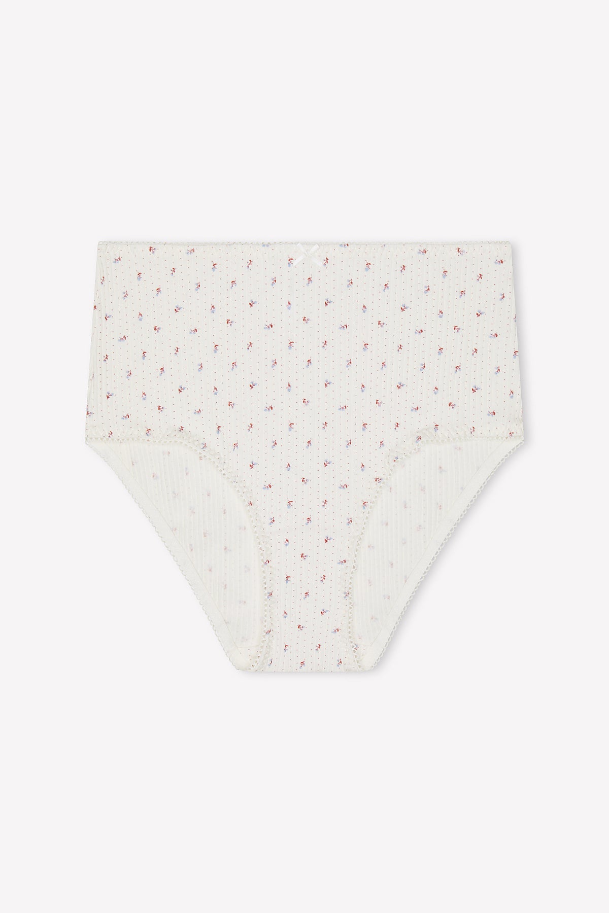 The Lou Brief - Flora features a cream color, high-rise fit, ribbed texture, scalloped edges, and a small floral print pattern on a plain white background.