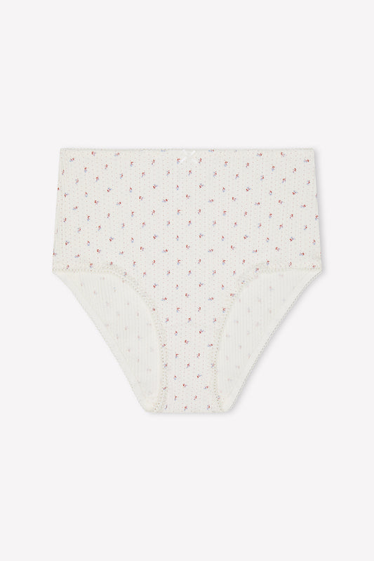 The Lou Brief - Flora features a cream color, high-rise fit, ribbed texture, scalloped edges, and a small floral print pattern on a plain white background.