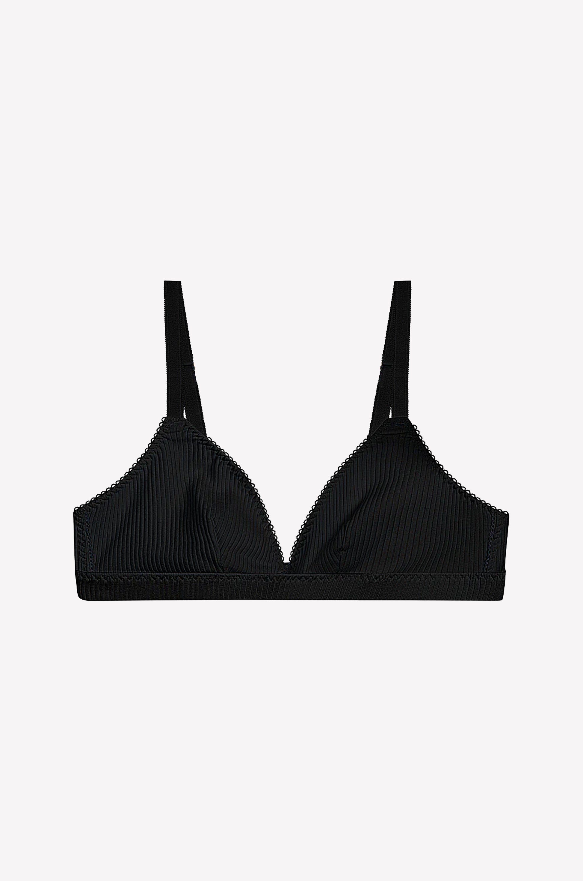The juem Ines Bra in black features thin, adjustable straps and a ribbed texture, designed as an everyday essential and showcased against a plain white background.