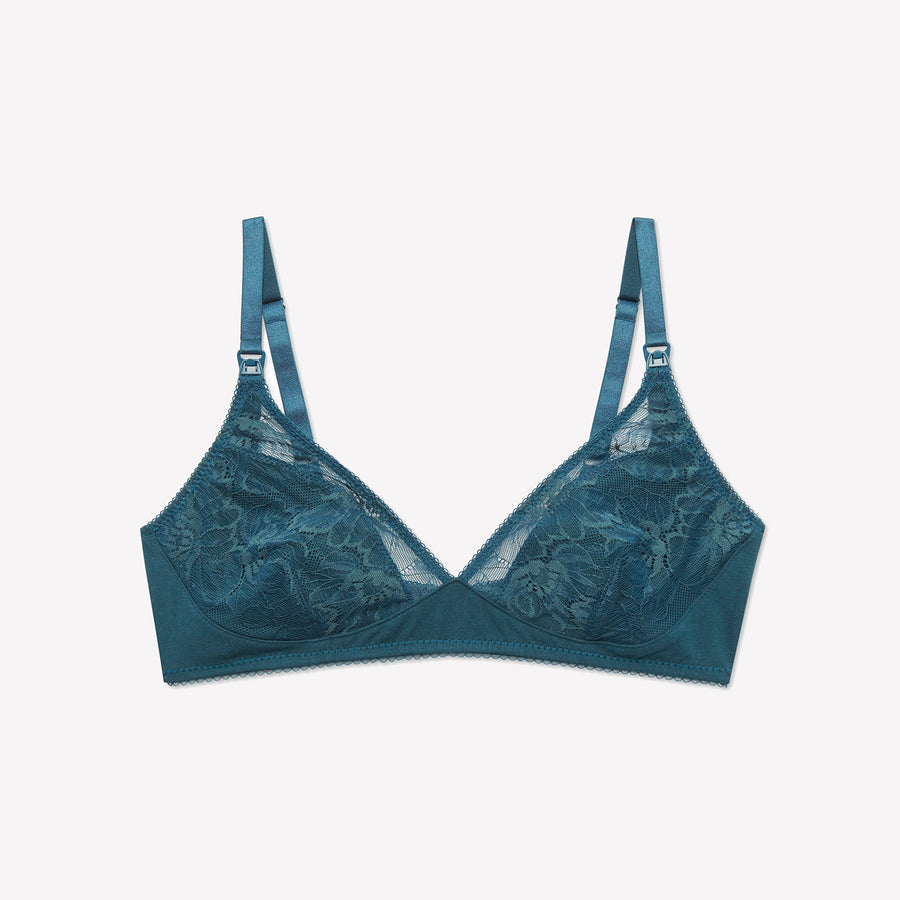Blue Green Lace Soft and Supportive Nursing Bra for Easy Breastfeeding, Designed in Byron Bay Australia