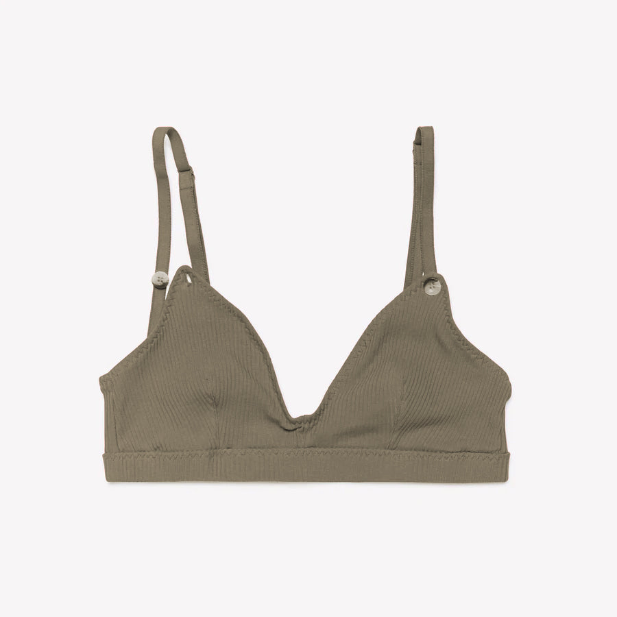 Taupe Soft and Supportive Feminine Breastfeeding Bra Maternity Clips Buttoned Sustainably Made in GOTS Certified Organic Cotton Easy Nursing